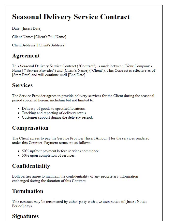 Letter template of Seasonal Delivery Service Contract