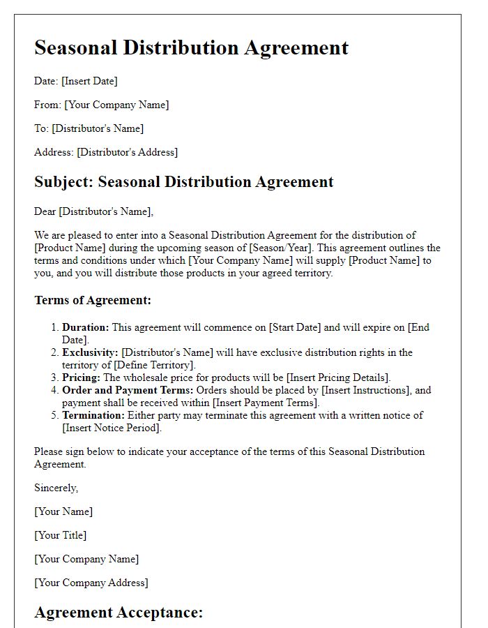 Letter template of Seasonal Distribution Agreement