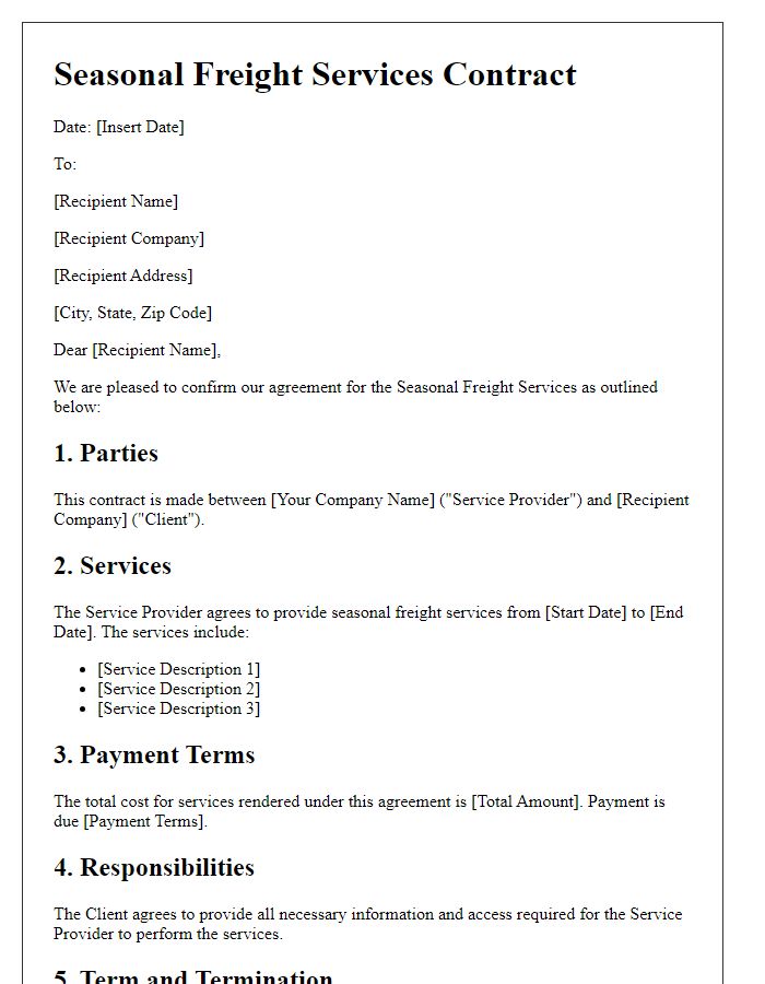 Letter template of Seasonal Freight Services Contract