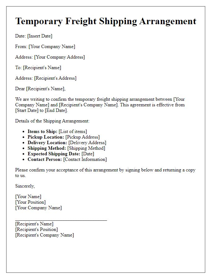 Letter template of Temporary Freight Shipping Arrangement