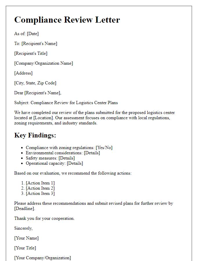 Letter template of compliance review for logistics center plans