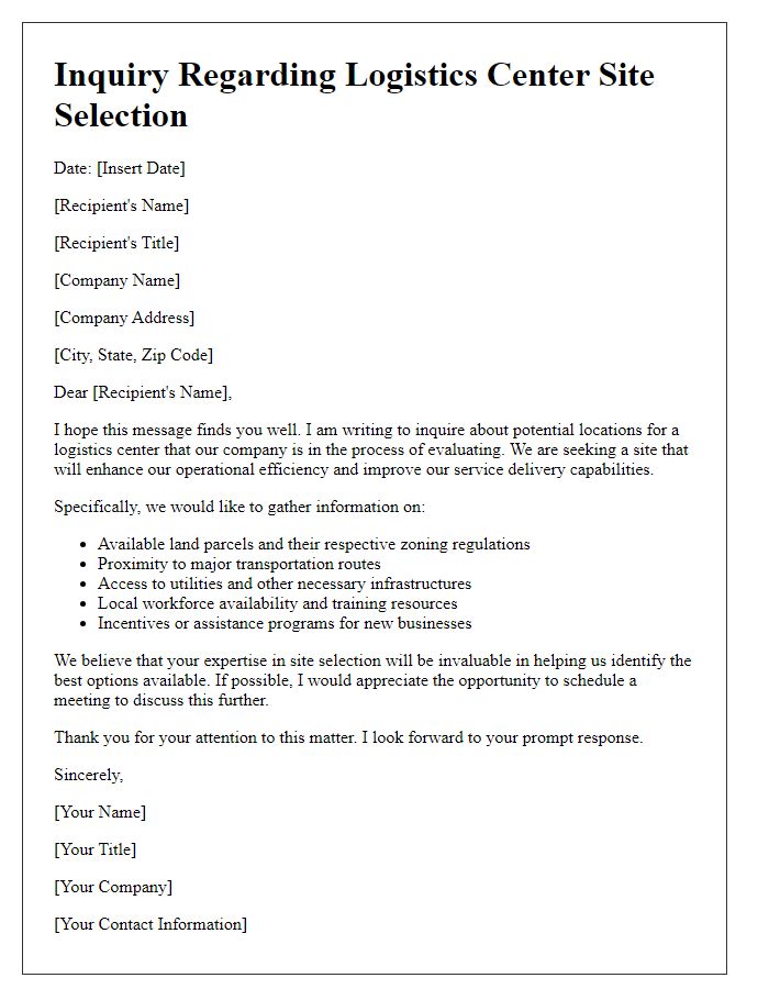 Letter template of inquiry regarding logistics center site selection