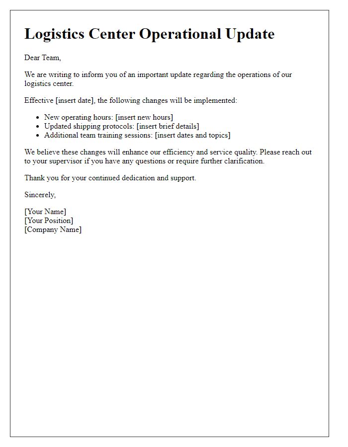 Letter template of notification for logistics center operational update