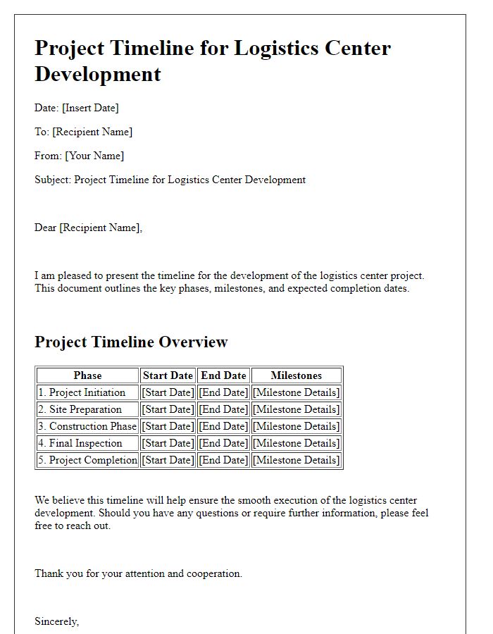 Letter template of project timeline for logistics center development