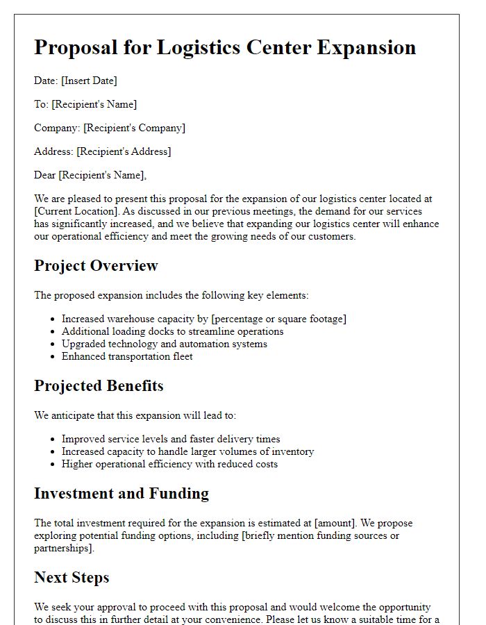 Letter template of proposal for logistics center expansion