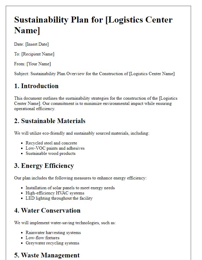 Letter template of sustainability plan for logistics center construction