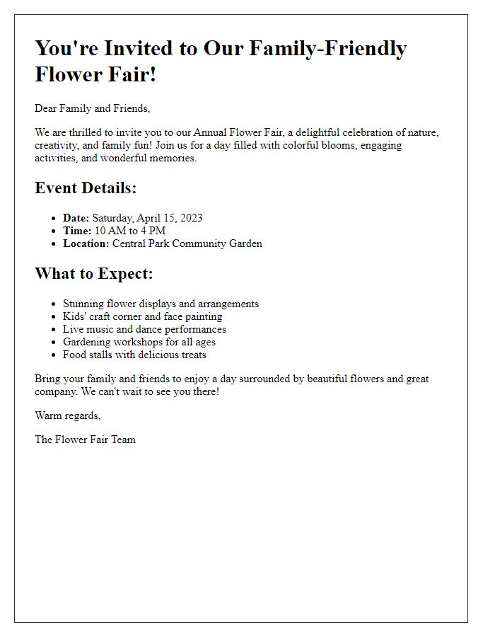 Letter template of engaging invitation to family-friendly flower fair.