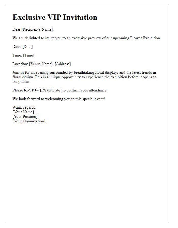 Letter template of exclusive VIP invitation to preview flower exhibition.