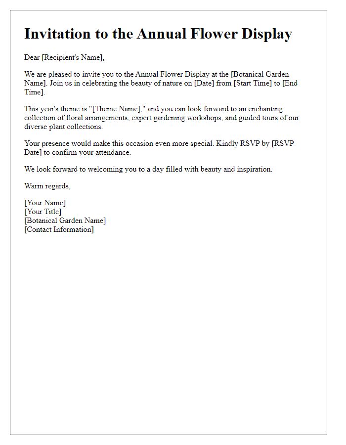 Letter template of formal invitation to botanical garden flower display.