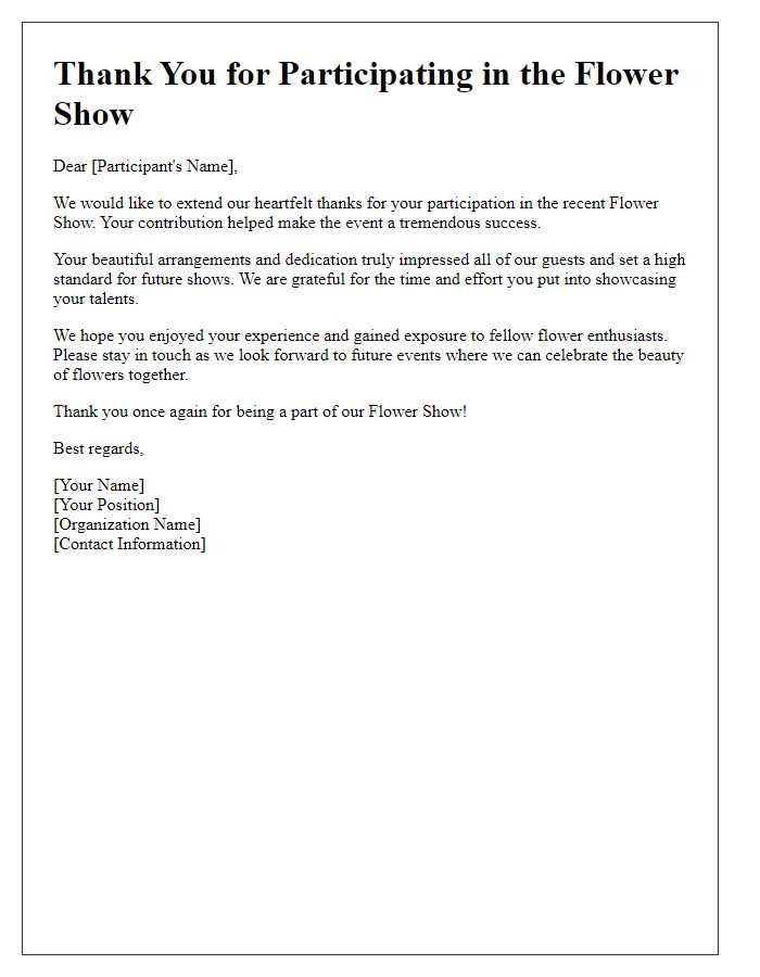 Letter template of thank you invitation for flower show participants.