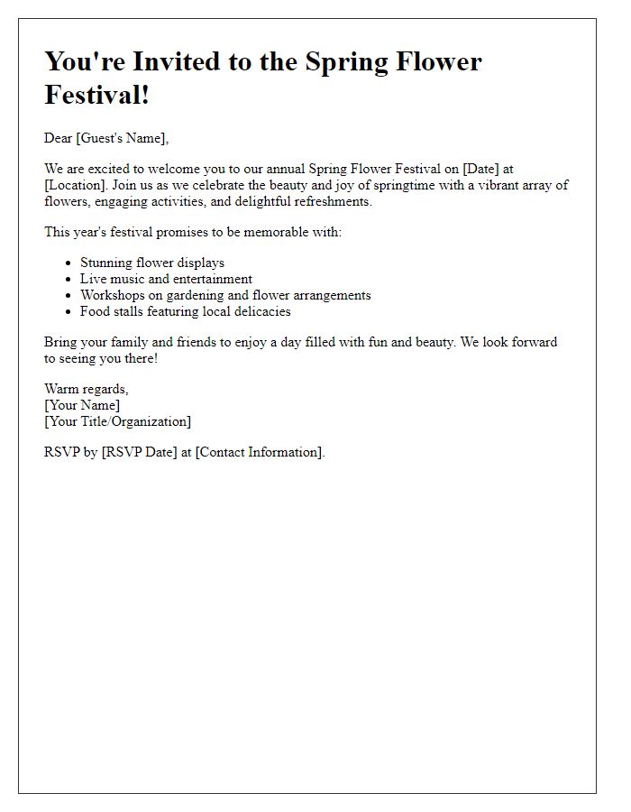 Letter template of welcome invitation to spring flower festival.