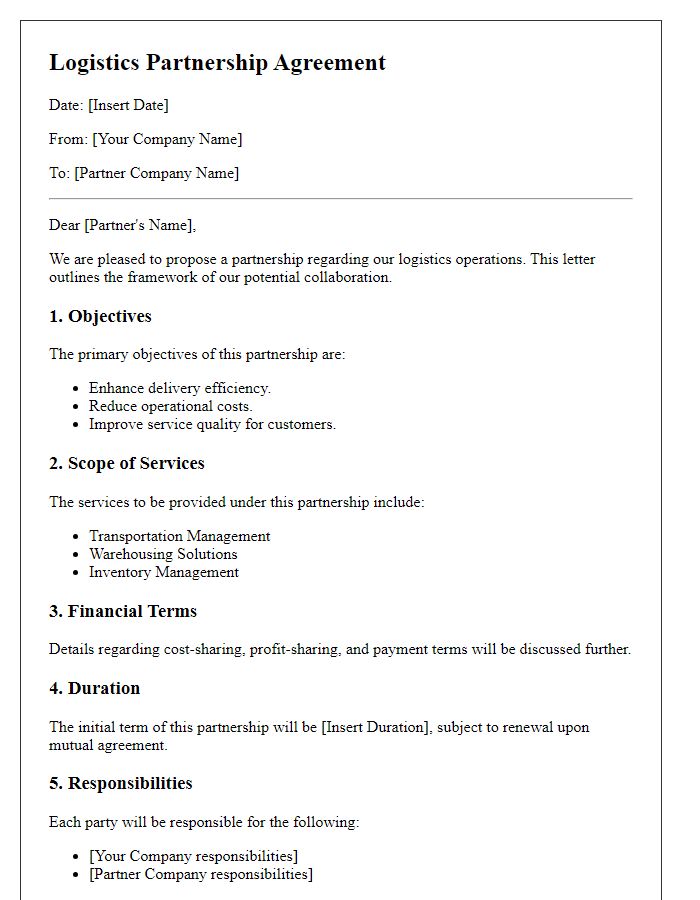 Letter template of framework for logistics partnership terms