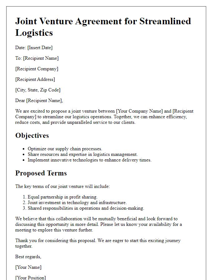 Letter template of joint venture for streamlined logistics