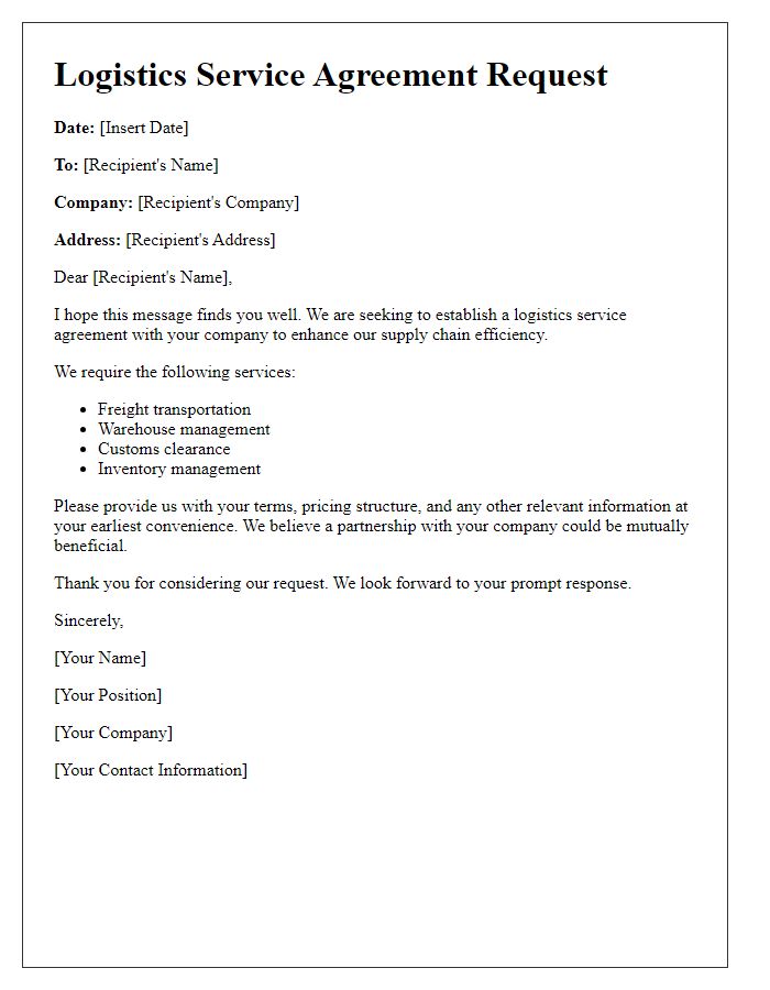 Letter template of logistics service agreement request