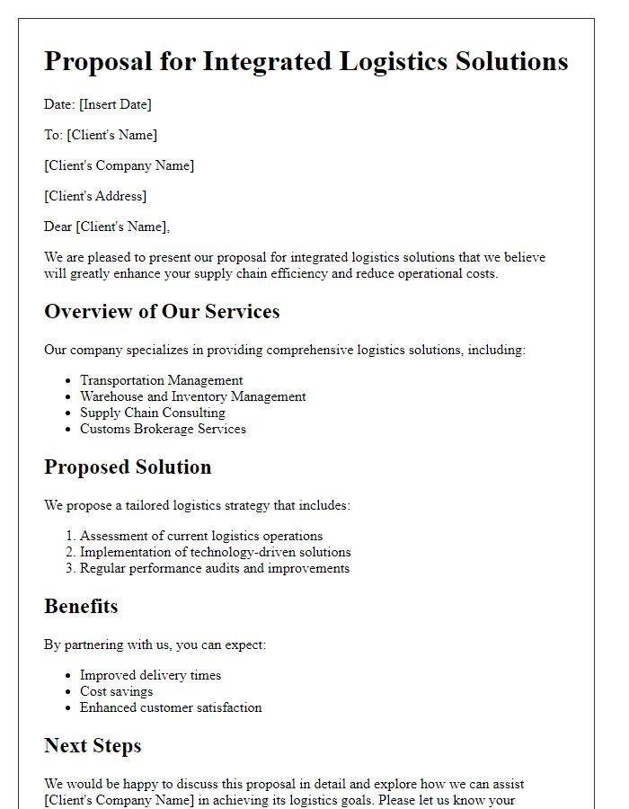 Letter template of proposal for integrated logistics solutions