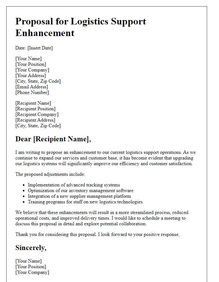 Letter template of proposal for logistics support enhancement