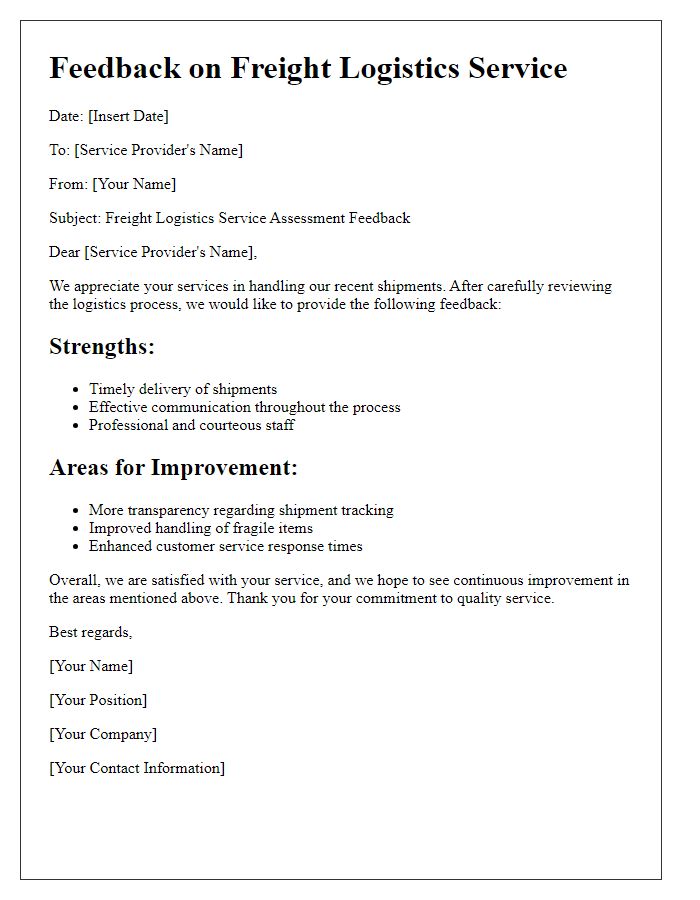 Letter template of feedback for freight logistics service assessment