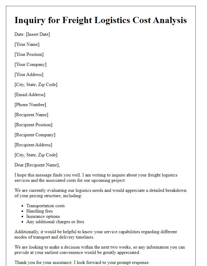 Letter template of inquiry for freight logistics cost analysis