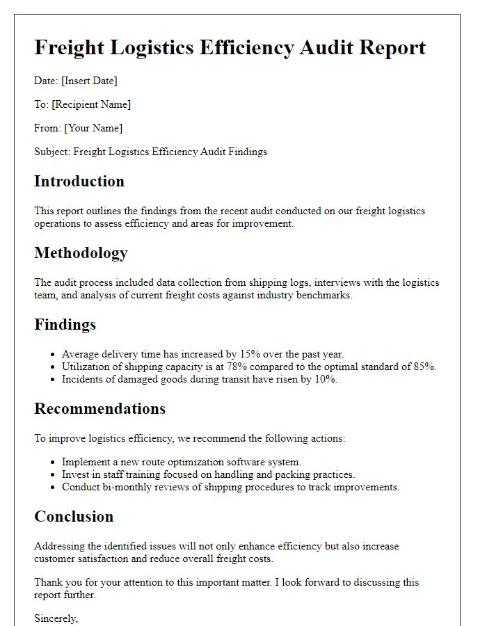 Letter template of report on freight logistics efficiency audit