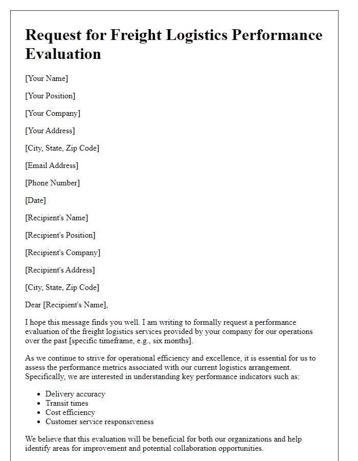 Letter template of request for freight logistics performance evaluation