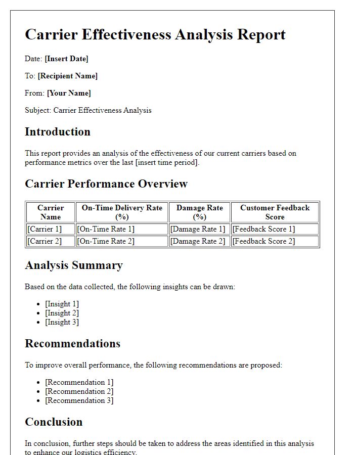 Letter template of carrier effectiveness analysis