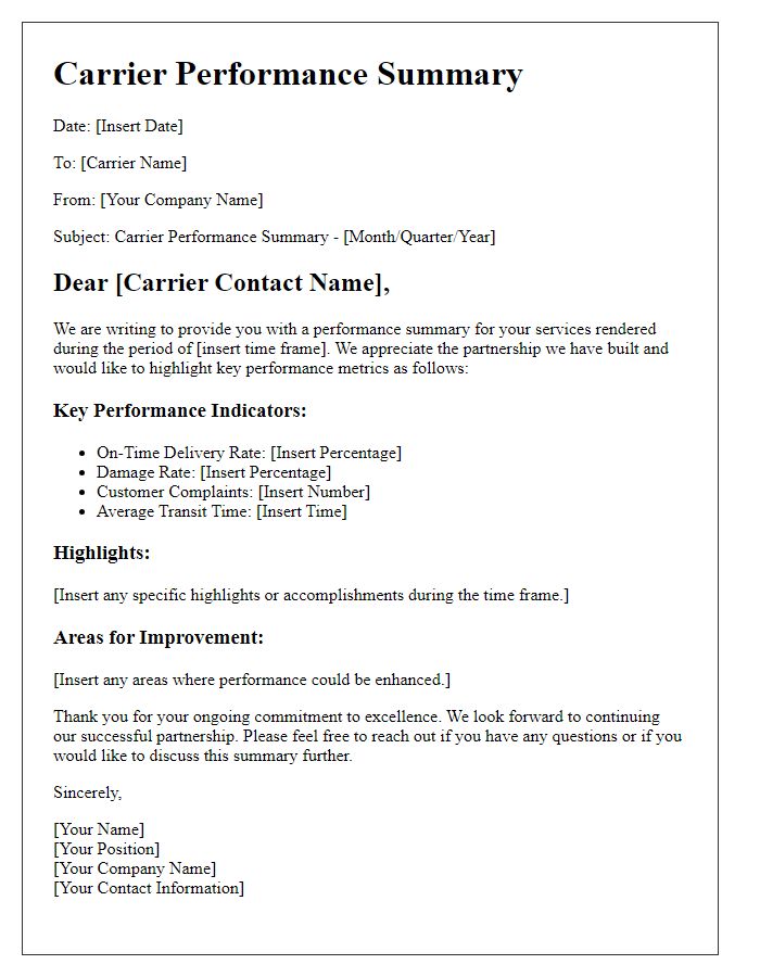 Letter template of carrier performance summary