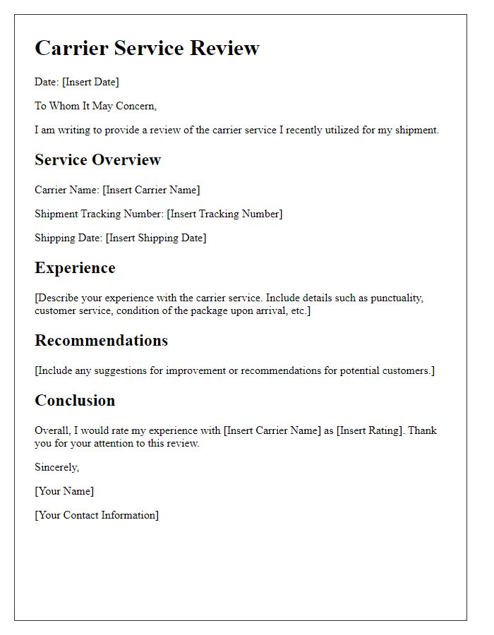 Letter template of carrier service review