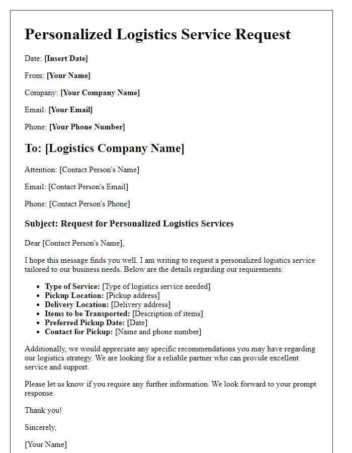 Letter template of personalized logistics service request