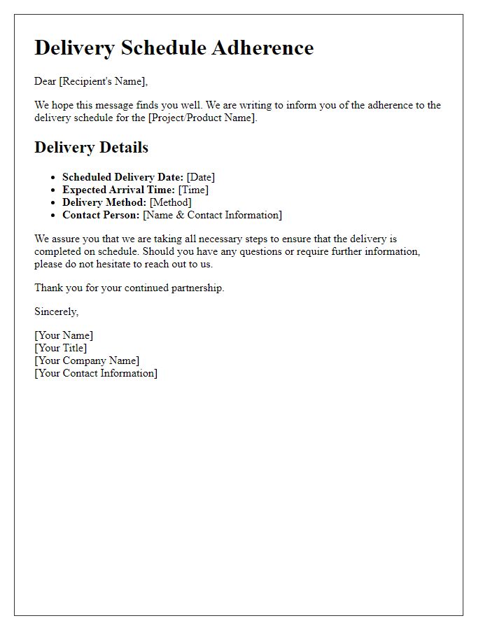 Letter template of delivery schedule adherence