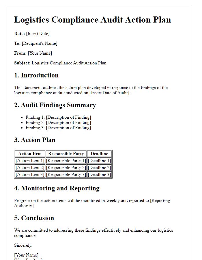 Letter template of logistics compliance audit action plan