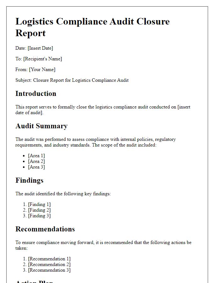 Letter template of logistics compliance audit closure report