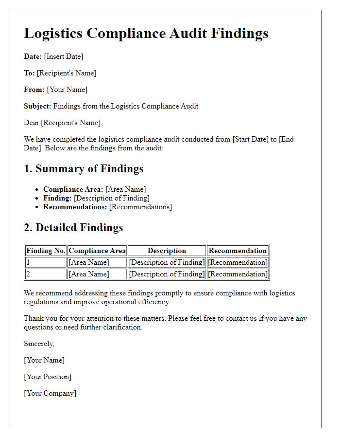 Letter template of logistics compliance audit findings