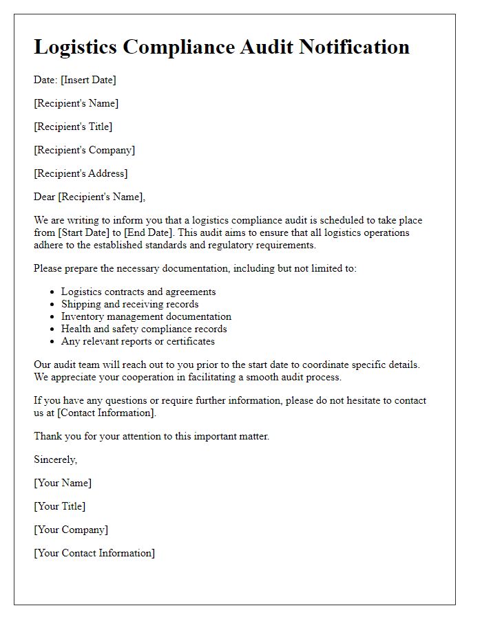 Letter template of logistics compliance audit notification