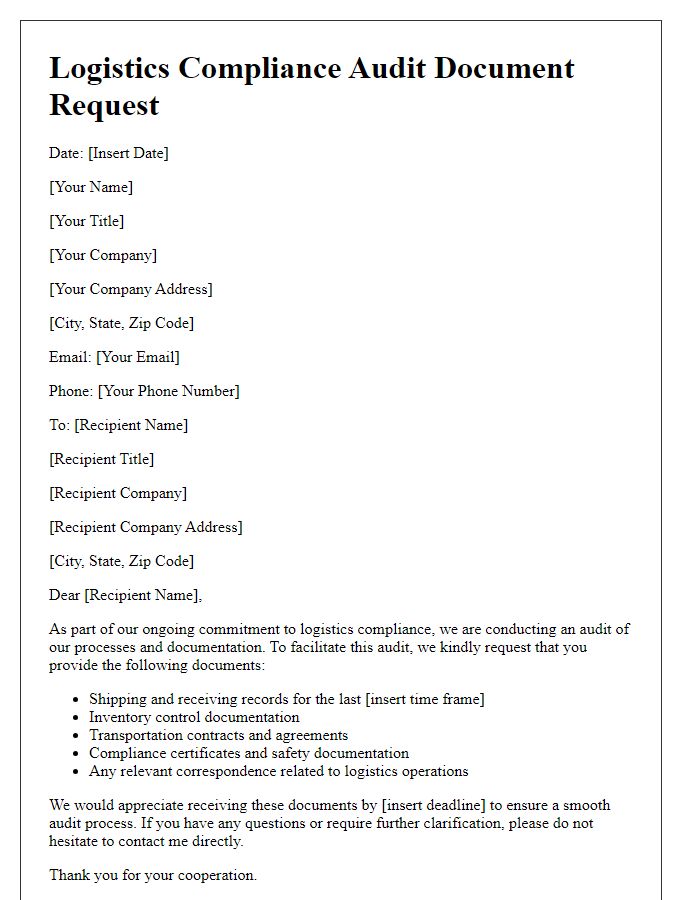 Letter template of logistics compliance audit request for documents