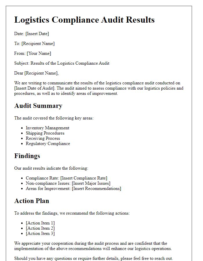 Letter template of logistics compliance audit results communication