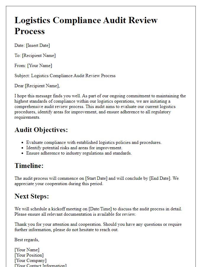 Letter template of logistics compliance audit review process