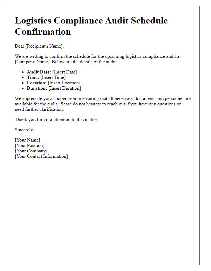 Letter template of logistics compliance audit schedule confirmation