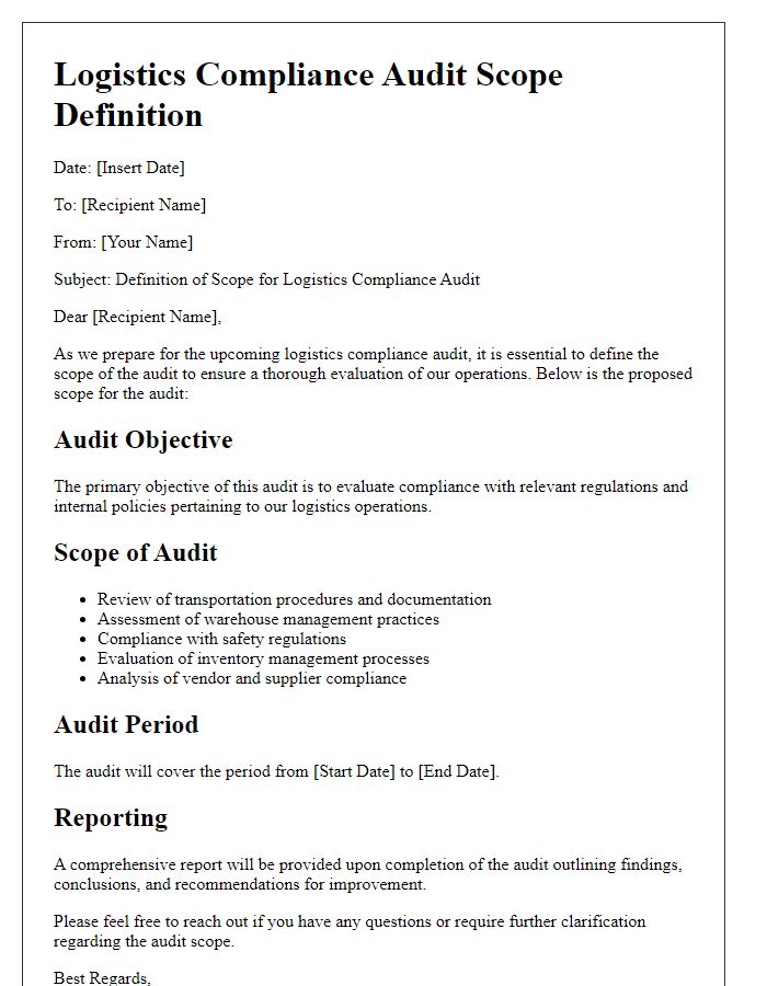 Letter template of logistics compliance audit scope definition