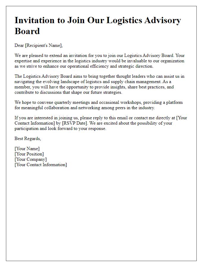 Letter template of invitation to join the logistics advisory board