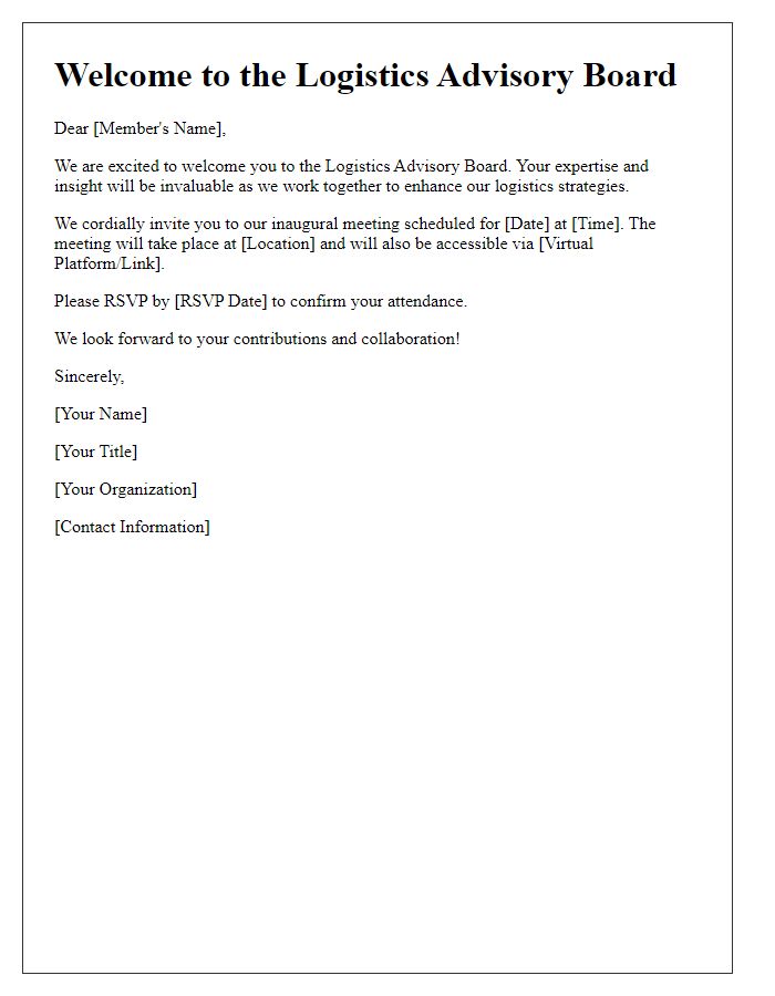 Letter template of welcome invitation to logistics advisory board members