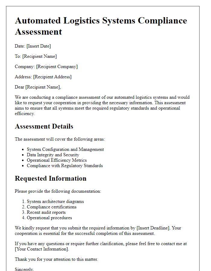 Letter template of automated logistics systems compliance assessment