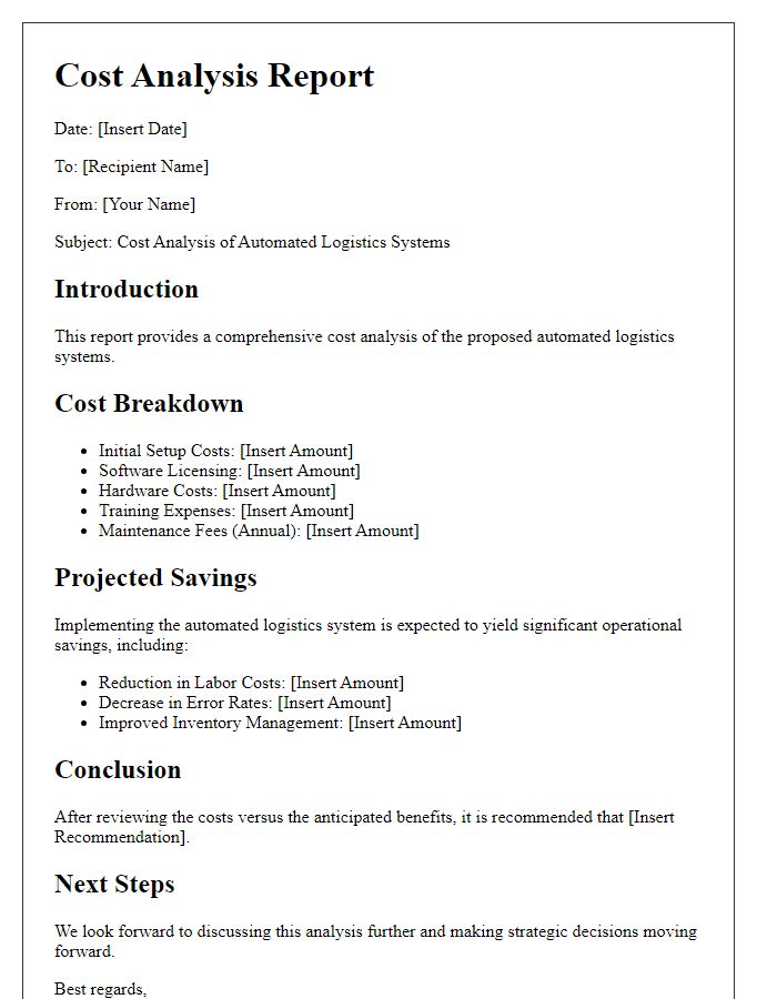 Letter template of automated logistics systems cost analysis