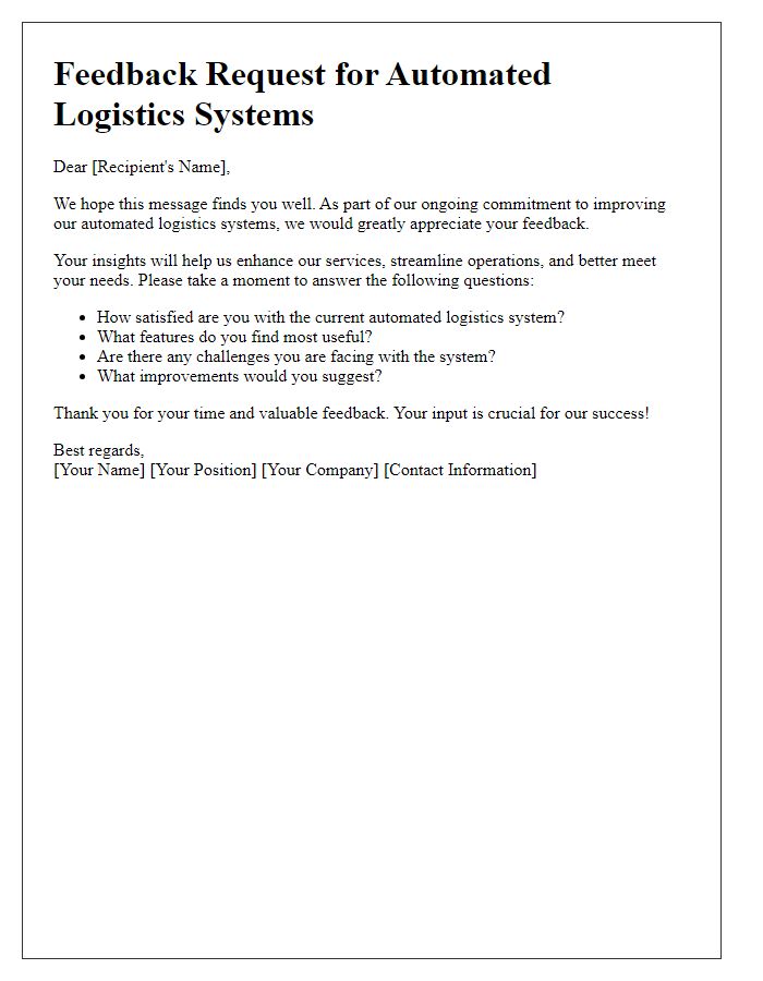 Letter template of automated logistics systems feedback request