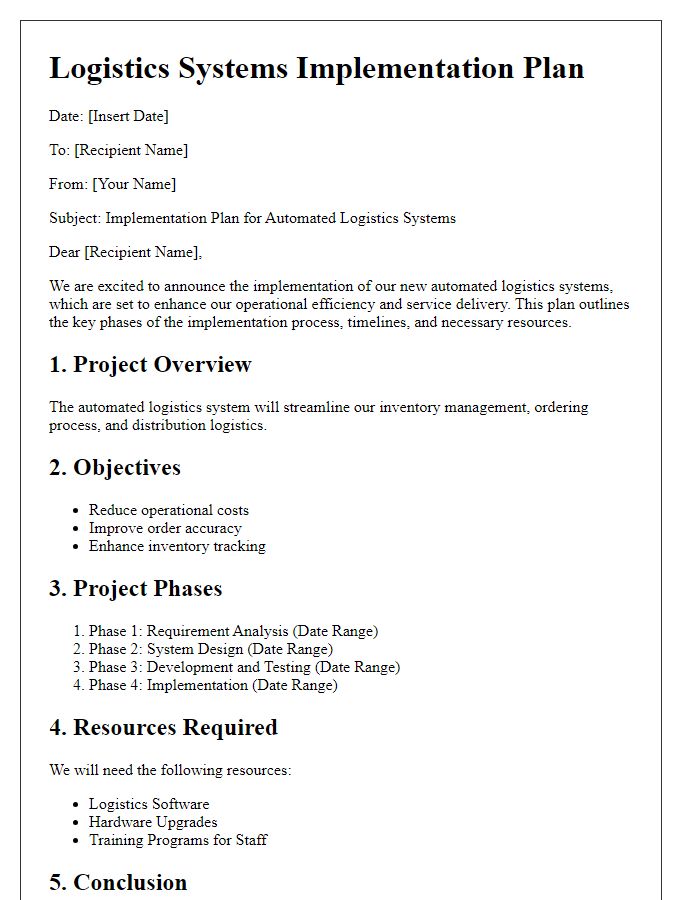 Letter template of automated logistics systems implementation plan