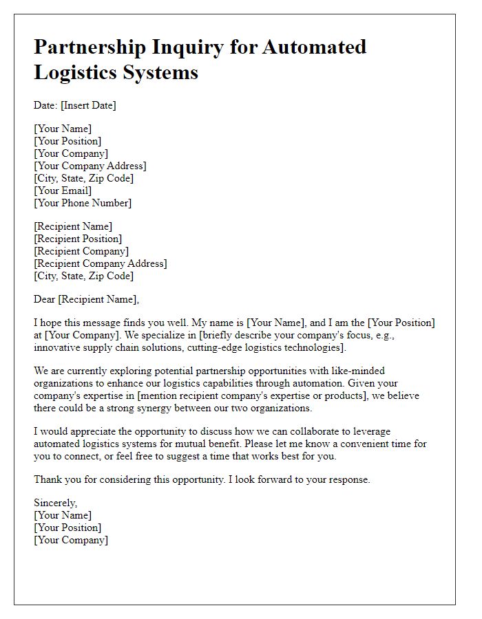 Letter template of automated logistics systems partnership inquiry