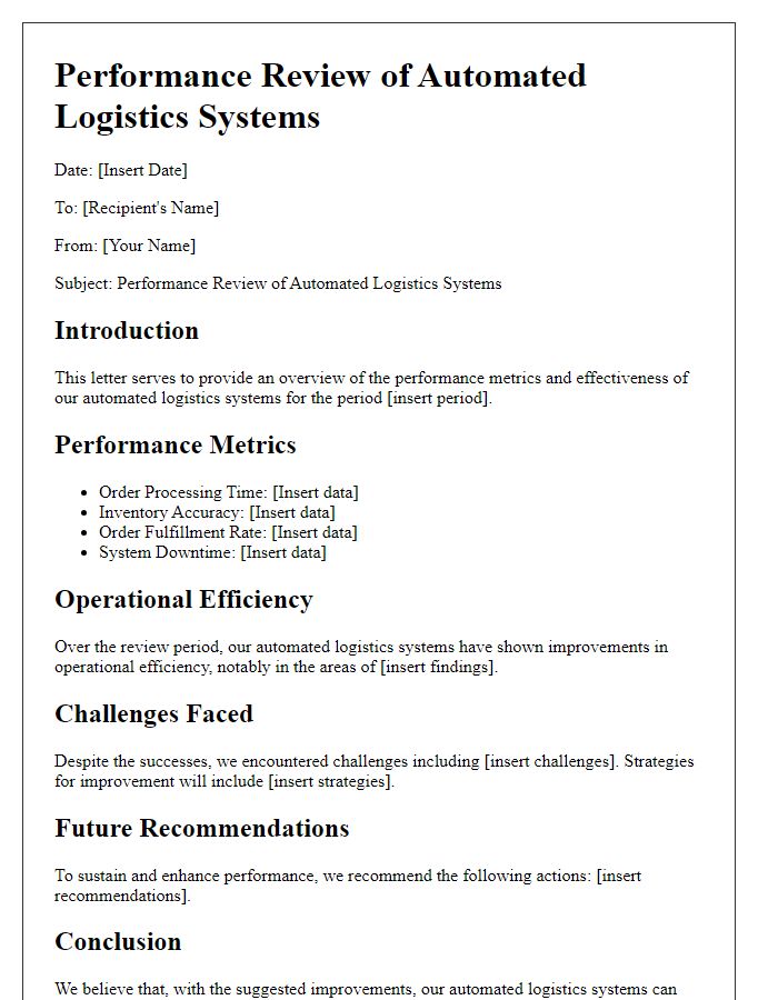 Letter template of automated logistics systems performance review