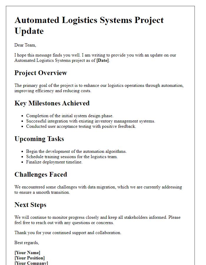 Letter template of automated logistics systems project update