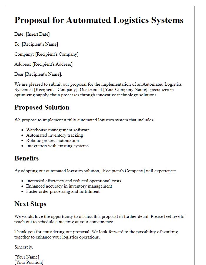 Letter template of automated logistics systems proposal