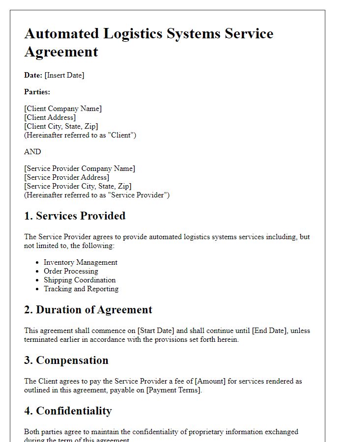 Letter template of automated logistics systems service agreement