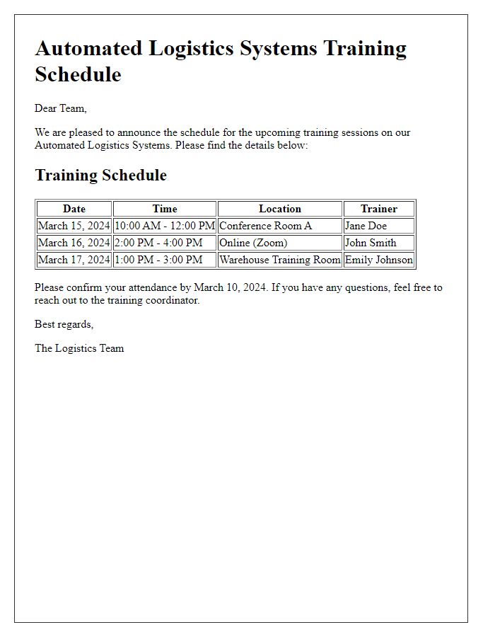 Letter template of automated logistics systems training schedule